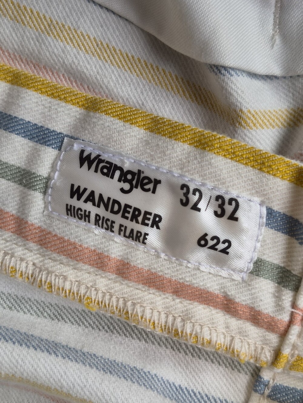 Wrangler Wanderer 622 High Rise Flare Jeans Sz 32x32 Pastel Rainbow Stripe Denim - Picture 14 of 14